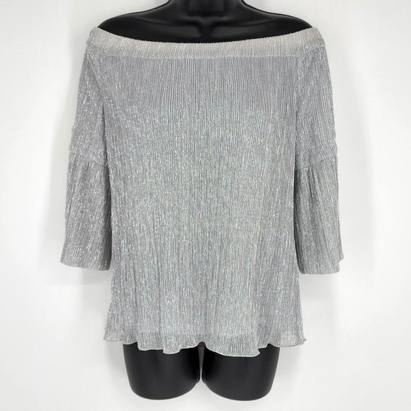 Waverly Grey Liberant Maddie Off The Shoulder Top Small Metallic Silver ¾ Sleeve - Picture 1 of 12